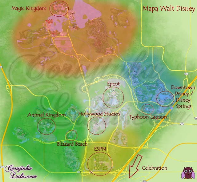 Mapa area orlando florida usa eua estados unidos map Parques da Walt Disney World epcot map downtown springs animal kingdom magic celebration typhoon lagoon blizzard beach espn hollywood studios mgm ©CorujinhaLulu.com